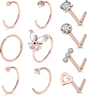 20G Nose Rings Hoops 316L Stainless Surgical Steel Hypoallergenic Nose Rings Studs Piercing Jewelry for Women Men Diamond Clear CZ Silver Gold Black Rainbow Rose Gold