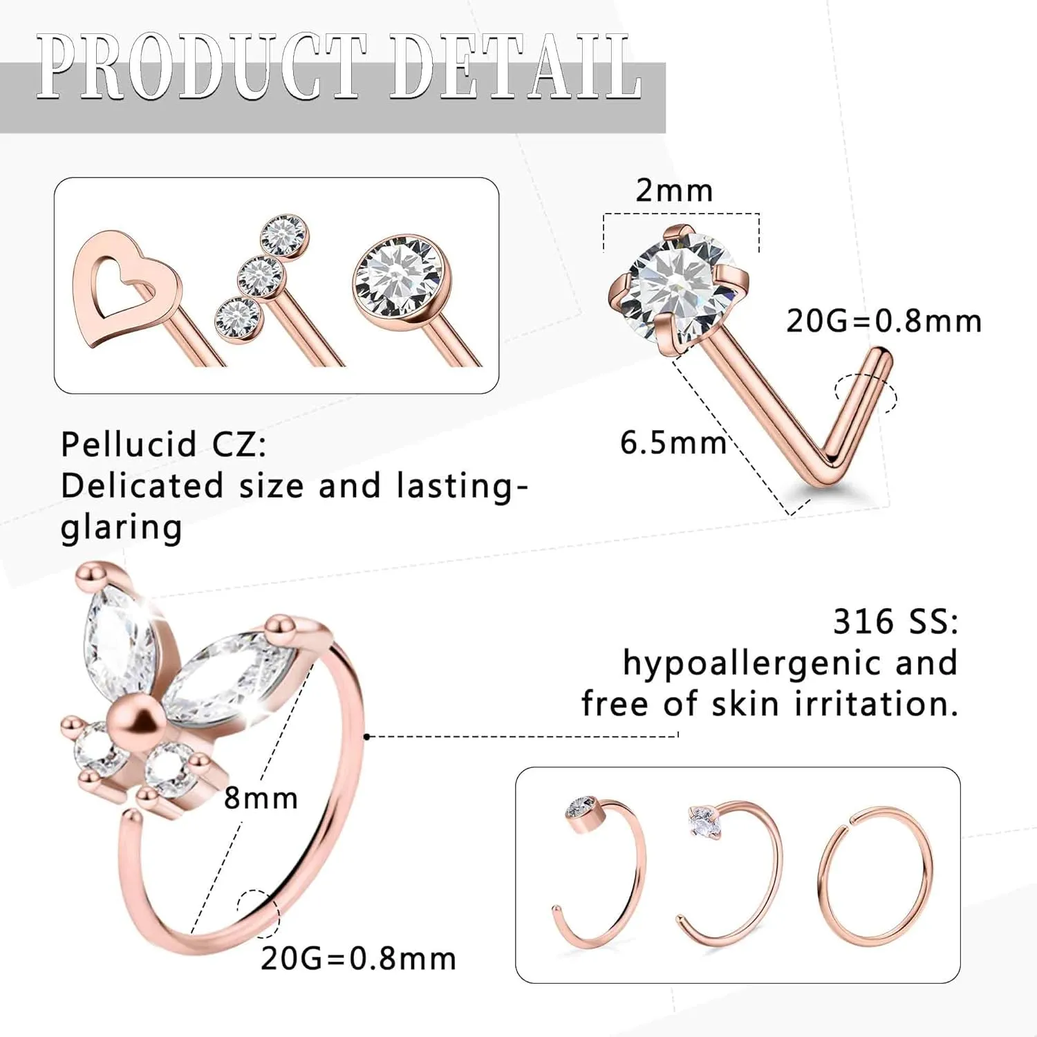 20G Nose Rings Hoops 316L Stainless Surgical Steel Hypoallergenic Nose Rings Studs Piercing Jewelry for Women Men Diamond Clear CZ Silver Gold Black Rainbow Rose Gold