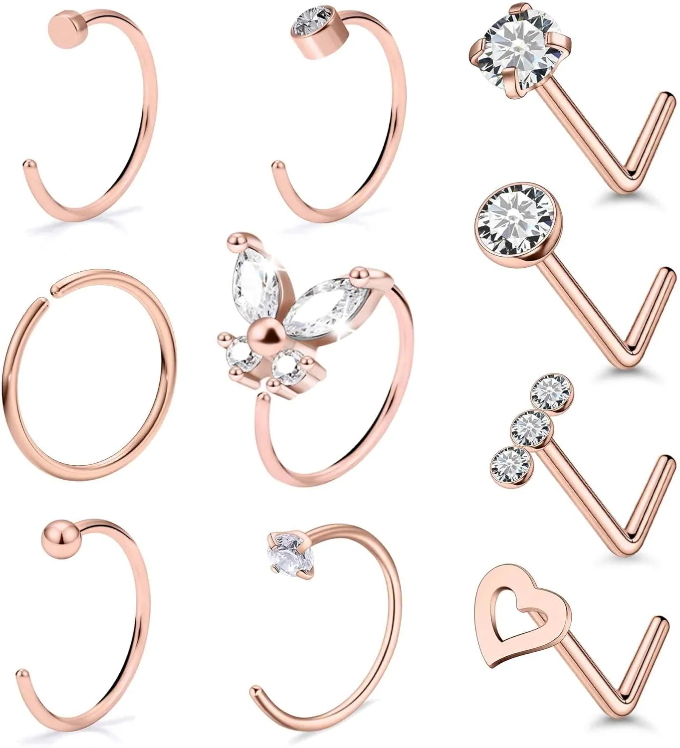 20G Nose Rings Hoops 316L Stainless Surgical Steel Hypoallergenic Nose Rings Studs Piercing Jewelry for Women Men Diamond Clear CZ Silver Gold Black Rainbow Rose Gold