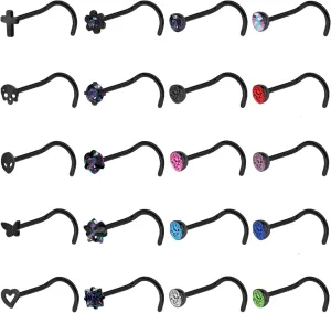 20G Nose Studs - Stainless Steel L-Shaped & Corkscrew Nose Rings for Women & Men - Black Skull Cross Halloween Nostril Piercings