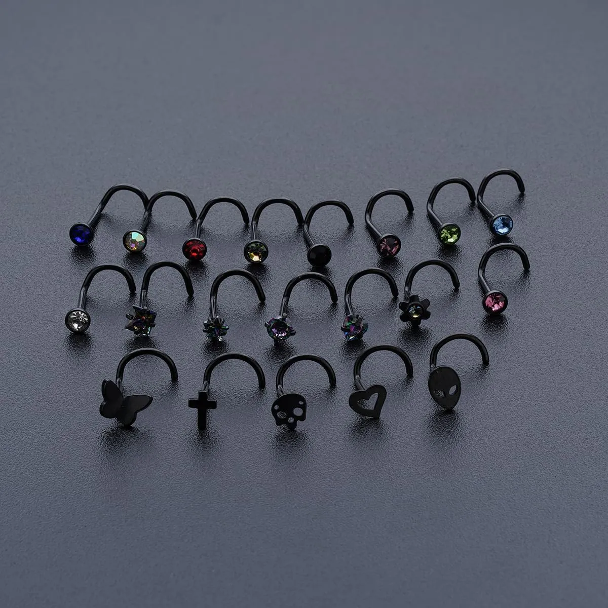 20G Nose Studs - Stainless Steel L-Shaped & Corkscrew Nose Rings for Women & Men - Black Skull Cross Halloween Nostril Piercings