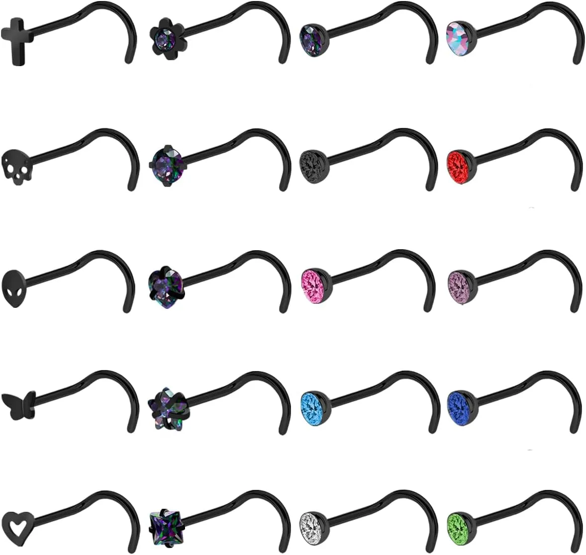20G Nose Studs - Stainless Steel L-Shaped & Corkscrew Nose Rings for Women & Men - Black Skull Cross Halloween Nostril Piercings