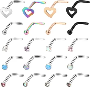 20Pcs L Nose Rings 20G Cute Nose Studs Stainless Steel Nose Ring Opal Nose Piercing Rings Cubic Zircon Nose Piercing Jewelry for Women Man (Silver)