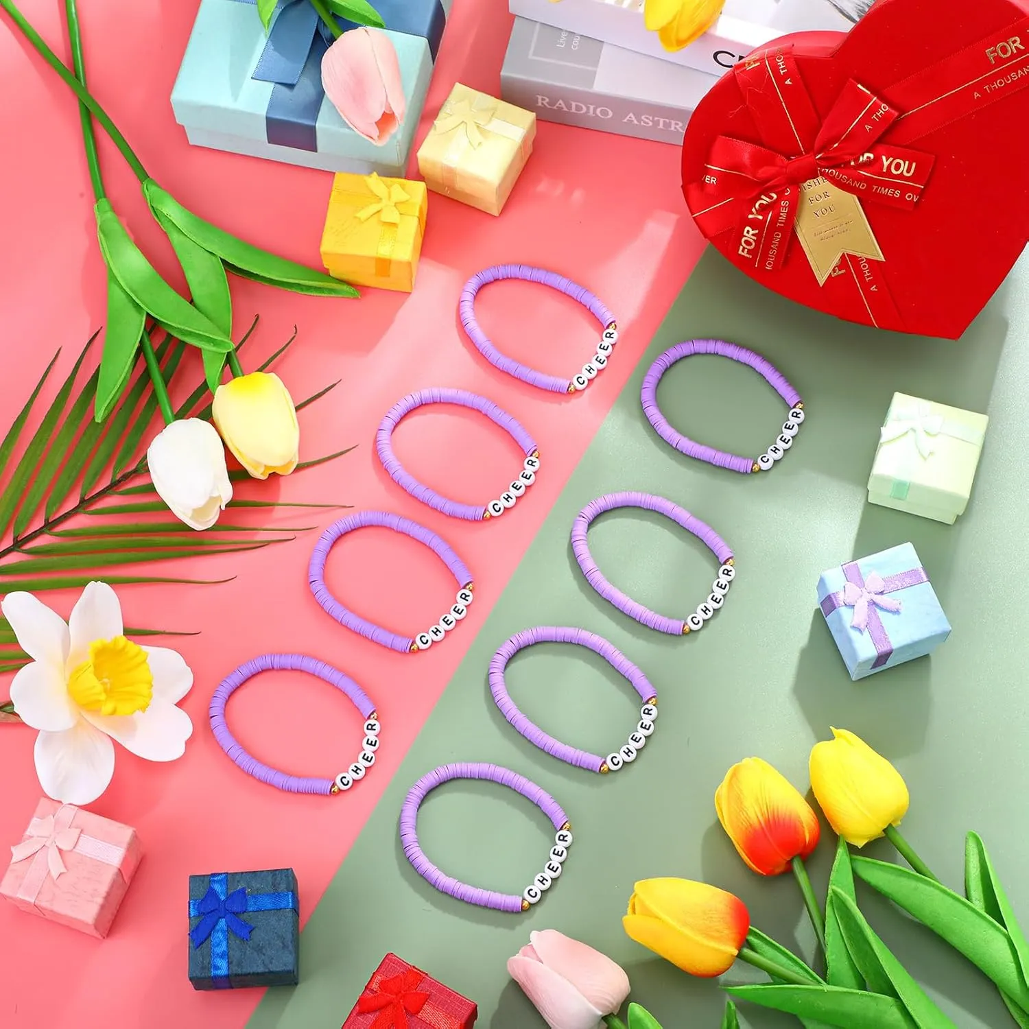 24 Pcs Cheerleader Gifts Stackable Clay Bead Cheer Bracelets Y2k Heishi Surfer Friendship Bracelets for Girls
