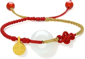 24K Solid Gold Bracelets for Women, Real Pure Gold Bracelets Adjustable Friendship Lucky Blessing Lily of the Valley White Nephrite Jade Jewelry Red Braided Bracelets for Girlfriend Lover