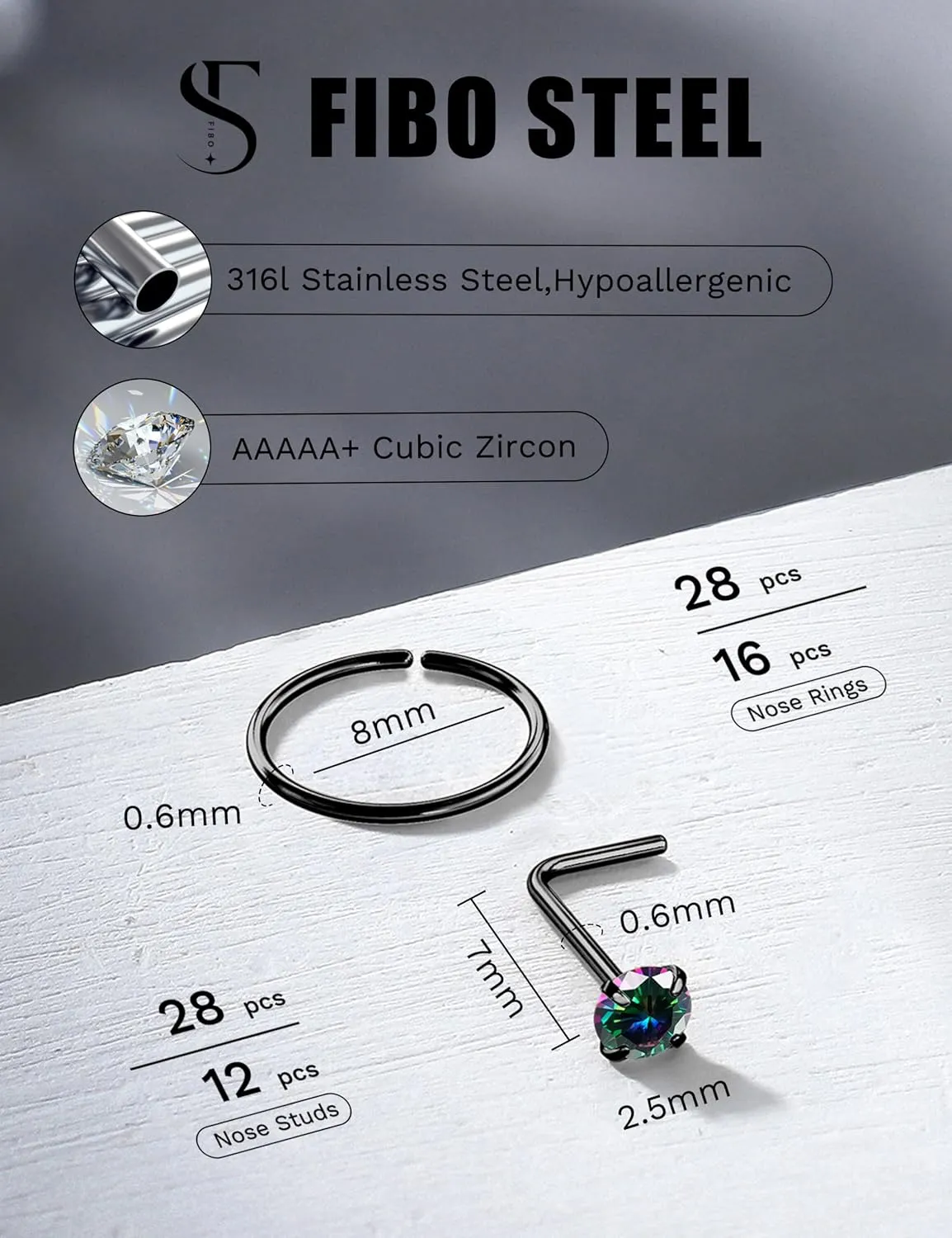 28PCS Hypoallergenic Nose Rings Hoops Studs - 316L Stainless Steel Nose Ring for Women Men - L Shaped CZ Nose Stud Hoop Nostril Piercings Jewelry Set 18G 20G 22G Silver Rose Gold Black Rainbow
