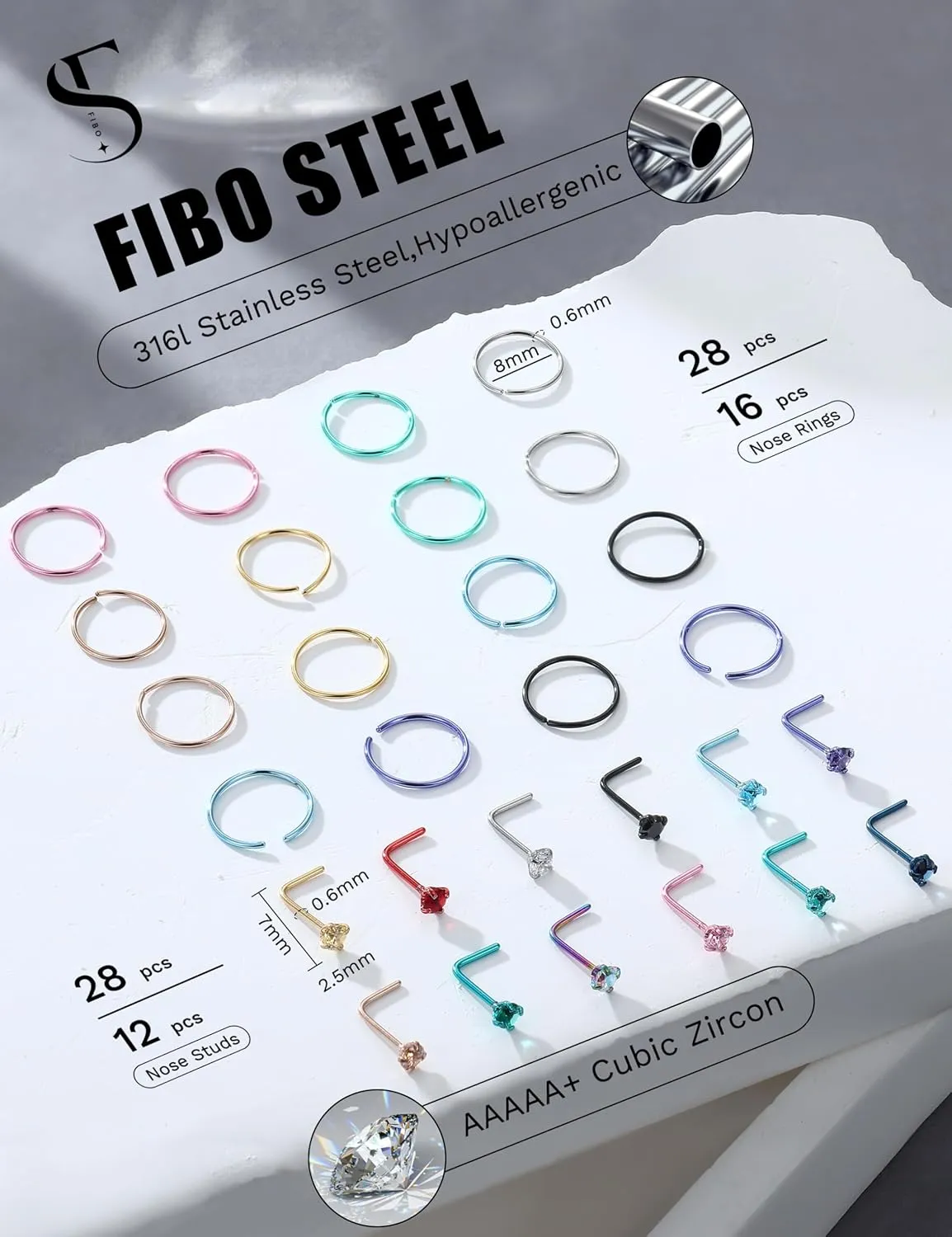 28PCS Hypoallergenic Nose Rings Hoops Studs - 316L Stainless Steel Nose Ring for Women Men - L Shaped CZ Nose Stud Hoop Nostril Piercings Jewelry Set 18G 20G 22G Silver Rose Gold Black Rainbow