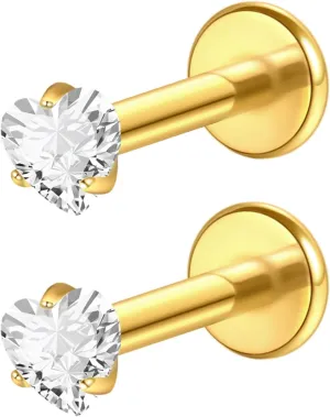 2Pcs 18G 16G G23 Titanium Internally Threaded Nose Stud Earrings Flat Back Heart CZ Nose Helix Cartilage Tragus Conch Labret Medusa Monroe Piercing Jewelry for Women Men