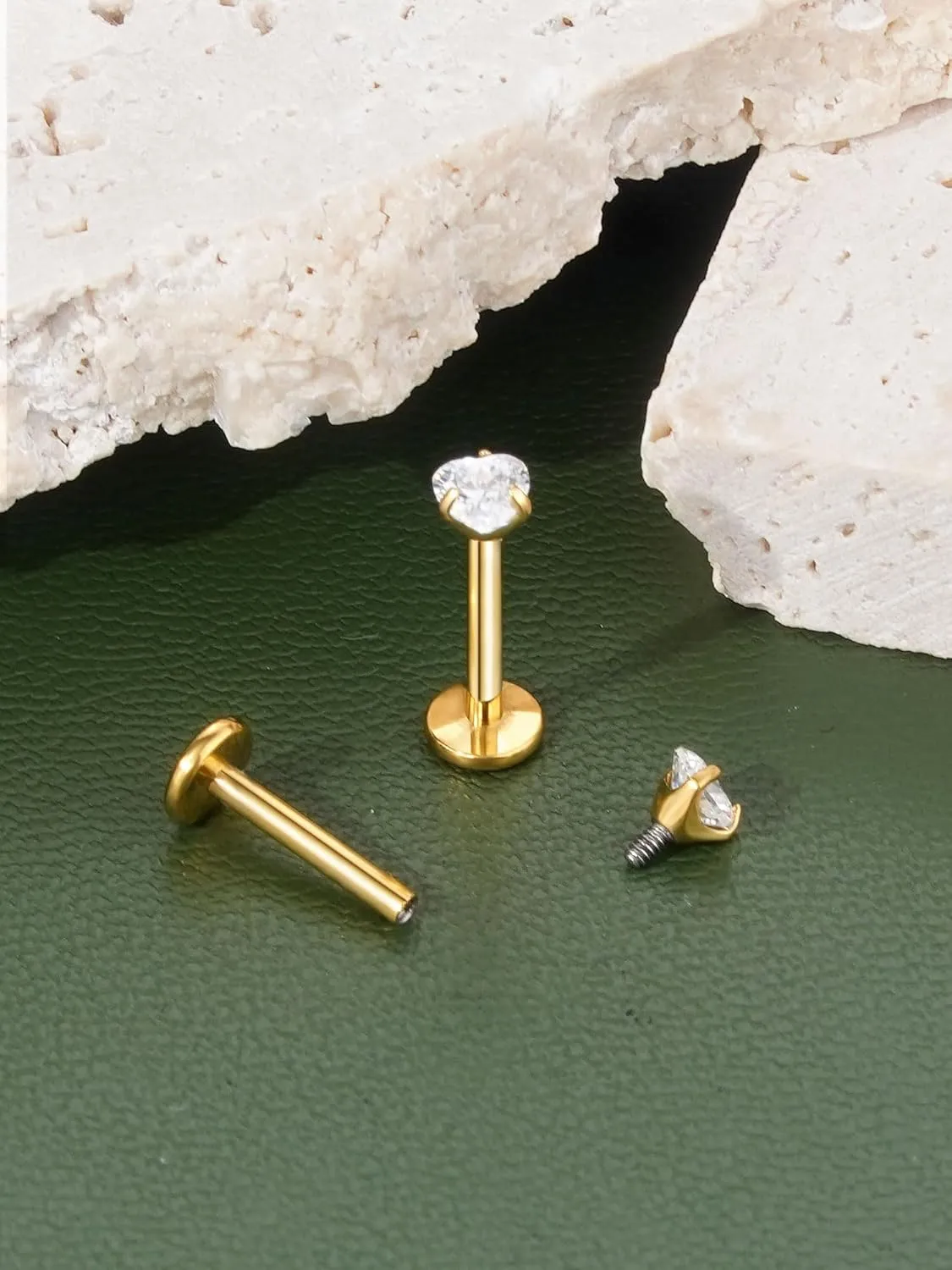 2Pcs 18G 16G G23 Titanium Internally Threaded Nose Stud Earrings Flat Back Heart CZ Nose Helix Cartilage Tragus Conch Labret Medusa Monroe Piercing Jewelry for Women Men