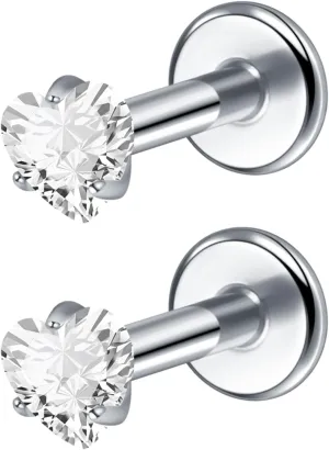 2Pcs 18G 16G G23 Titanium Internally Threaded Nose Stud Earrings Flat Back Heart CZ Nose Helix Cartilage Tragus Conch Labret Medusa Monroe Piercing Jewelry for Women Men