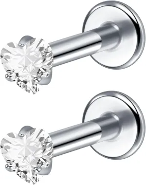 2Pcs 18G 16G G23 Titanium Internally Threaded Nose Stud Earrings Flat Back Heart CZ Nose Helix Cartilage Tragus Conch Labret Medusa Monroe Piercing Jewelry for Women Men