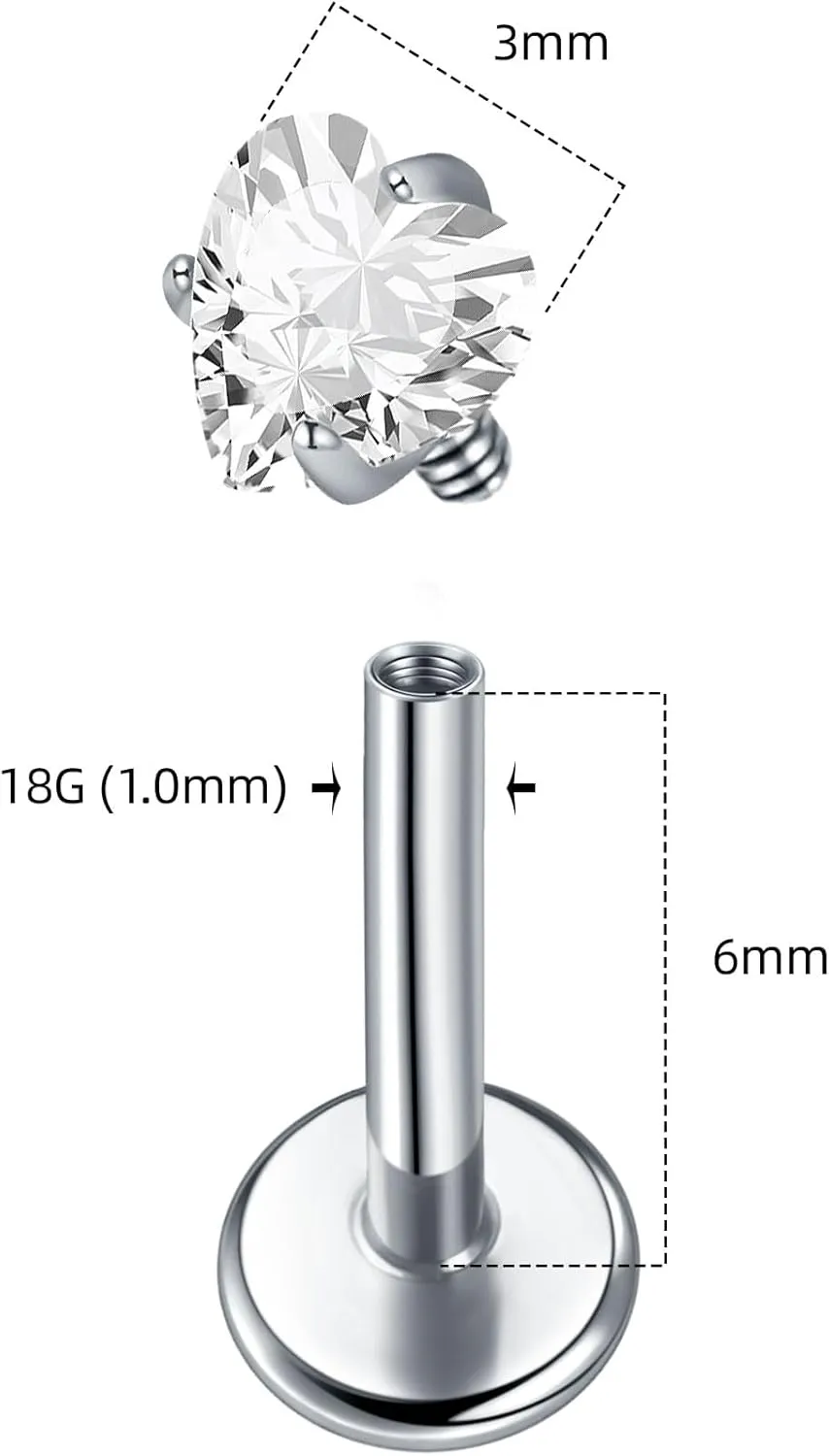 2Pcs 18G 16G G23 Titanium Internally Threaded Nose Stud Earrings Flat Back Heart CZ Nose Helix Cartilage Tragus Conch Labret Medusa Monroe Piercing Jewelry for Women Men