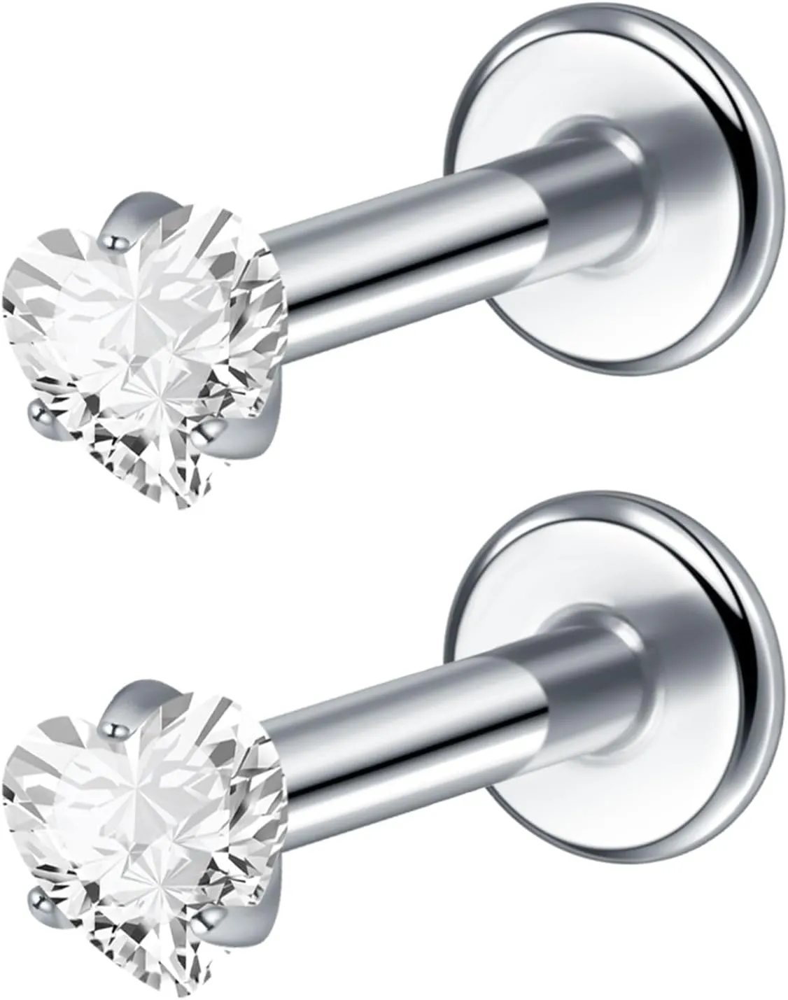 2Pcs 18G 16G G23 Titanium Internally Threaded Nose Stud Earrings Flat Back Heart CZ Nose Helix Cartilage Tragus Conch Labret Medusa Monroe Piercing Jewelry for Women Men