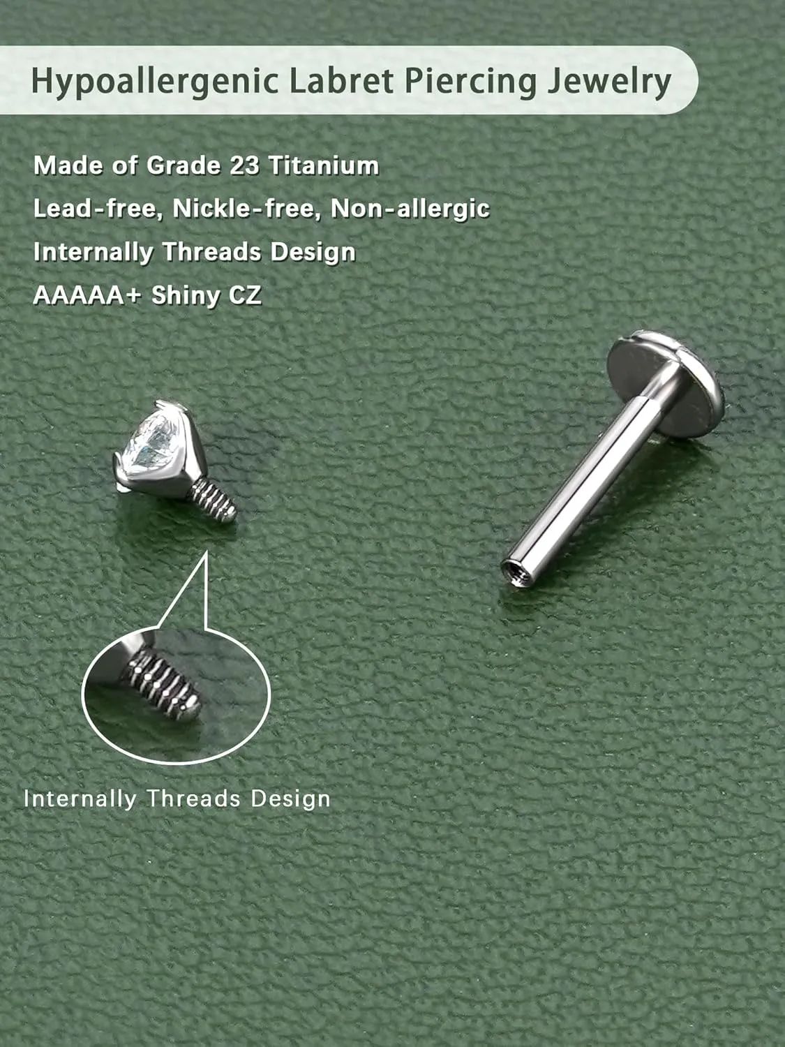 2Pcs 18G 16G G23 Titanium Internally Threaded Nose Stud Earrings Flat Back Heart CZ Nose Helix Cartilage Tragus Conch Labret Medusa Monroe Piercing Jewelry for Women Men