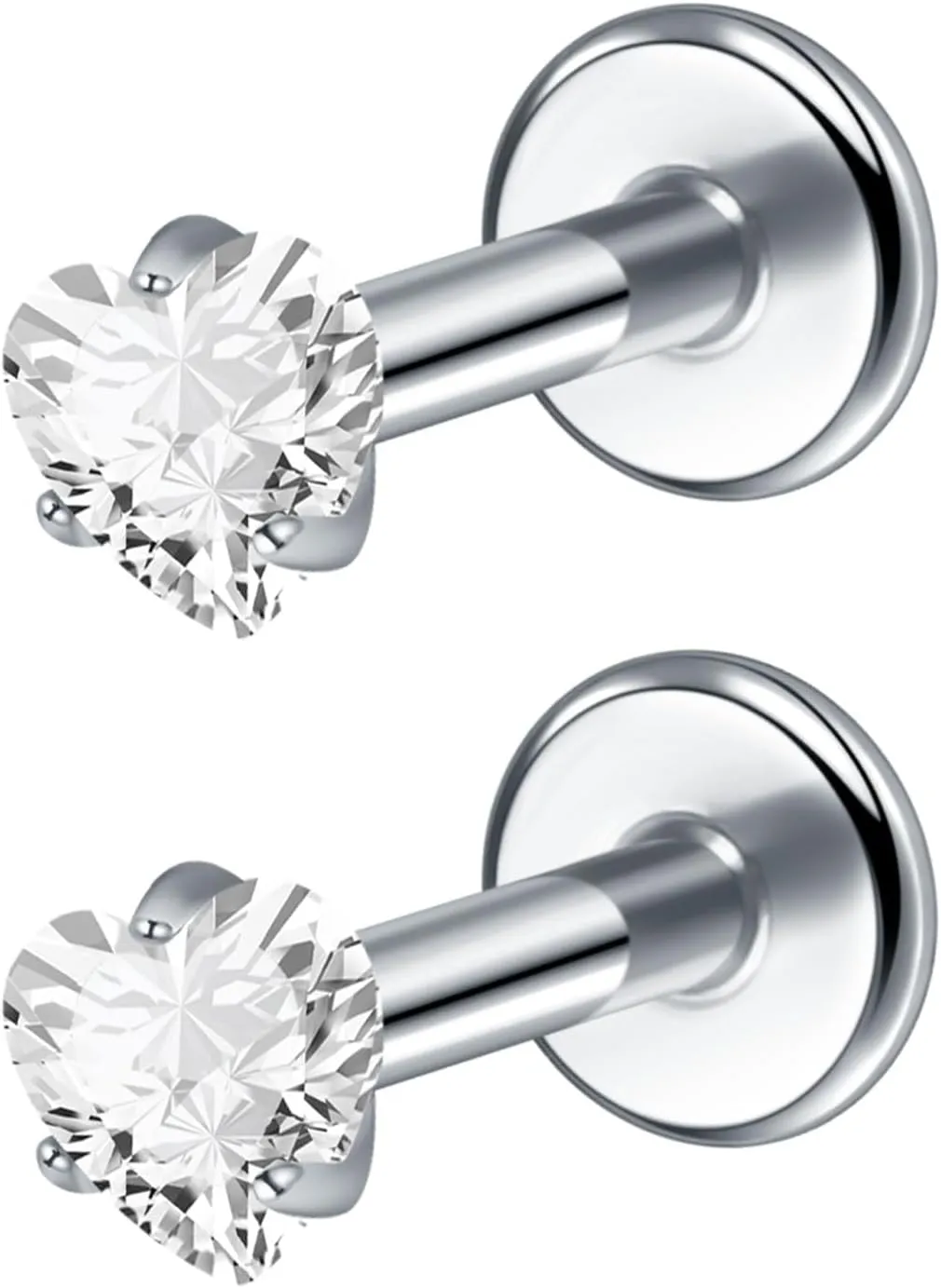 2Pcs 18G 16G G23 Titanium Internally Threaded Nose Stud Earrings Flat Back Heart CZ Nose Helix Cartilage Tragus Conch Labret Medusa Monroe Piercing Jewelry for Women Men