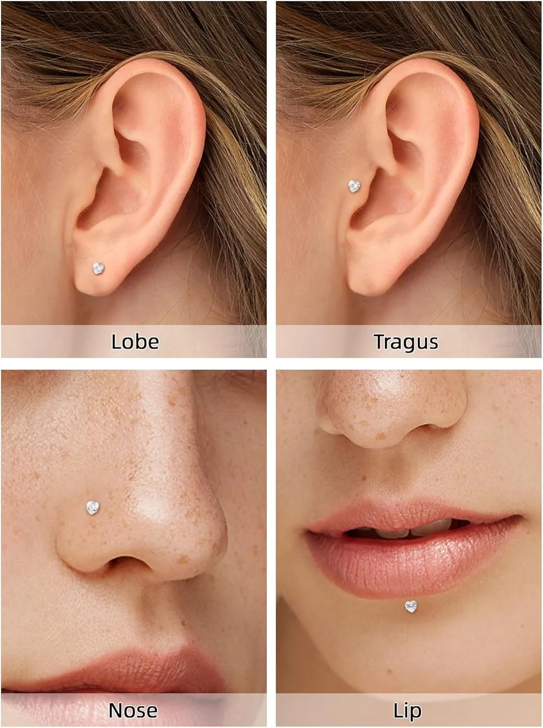 2Pcs 18G 16G G23 Titanium Internally Threaded Nose Stud Earrings Flat Back Heart CZ Nose Helix Cartilage Tragus Conch Labret Medusa Monroe Piercing Jewelry for Women Men