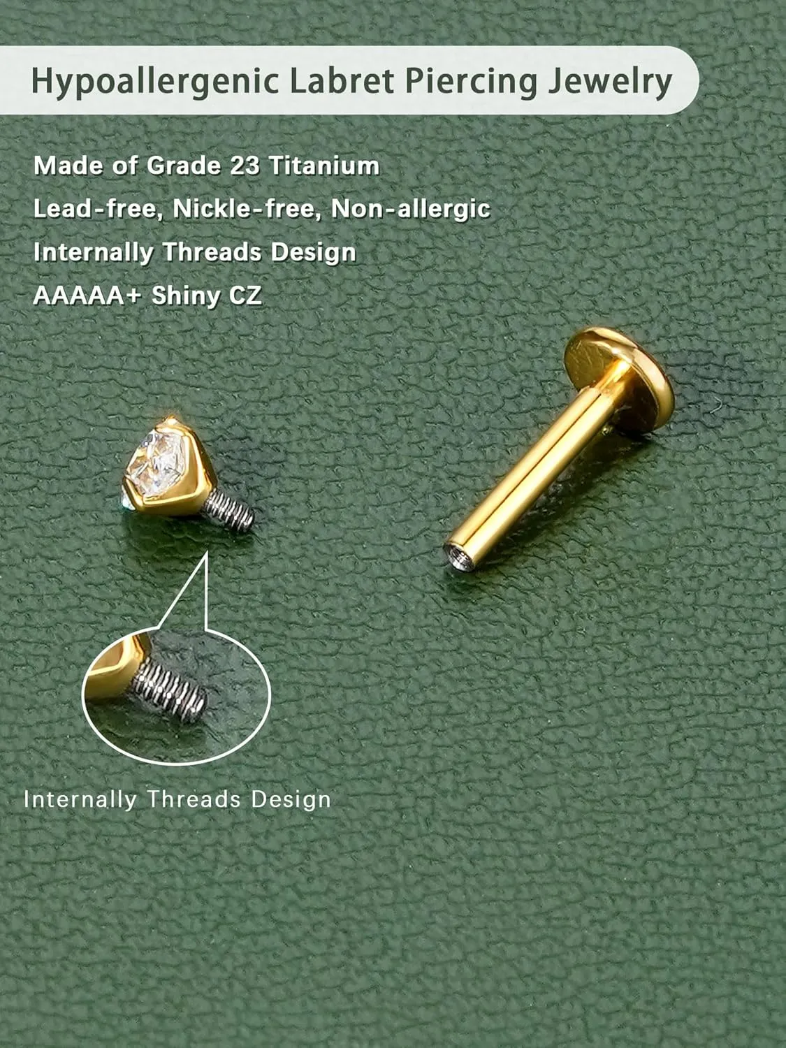 2Pcs 18G 16G G23 Titanium Internally Threaded Nose Stud Earrings Flat Back Heart CZ Nose Helix Cartilage Tragus Conch Labret Medusa Monroe Piercing Jewelry for Women Men