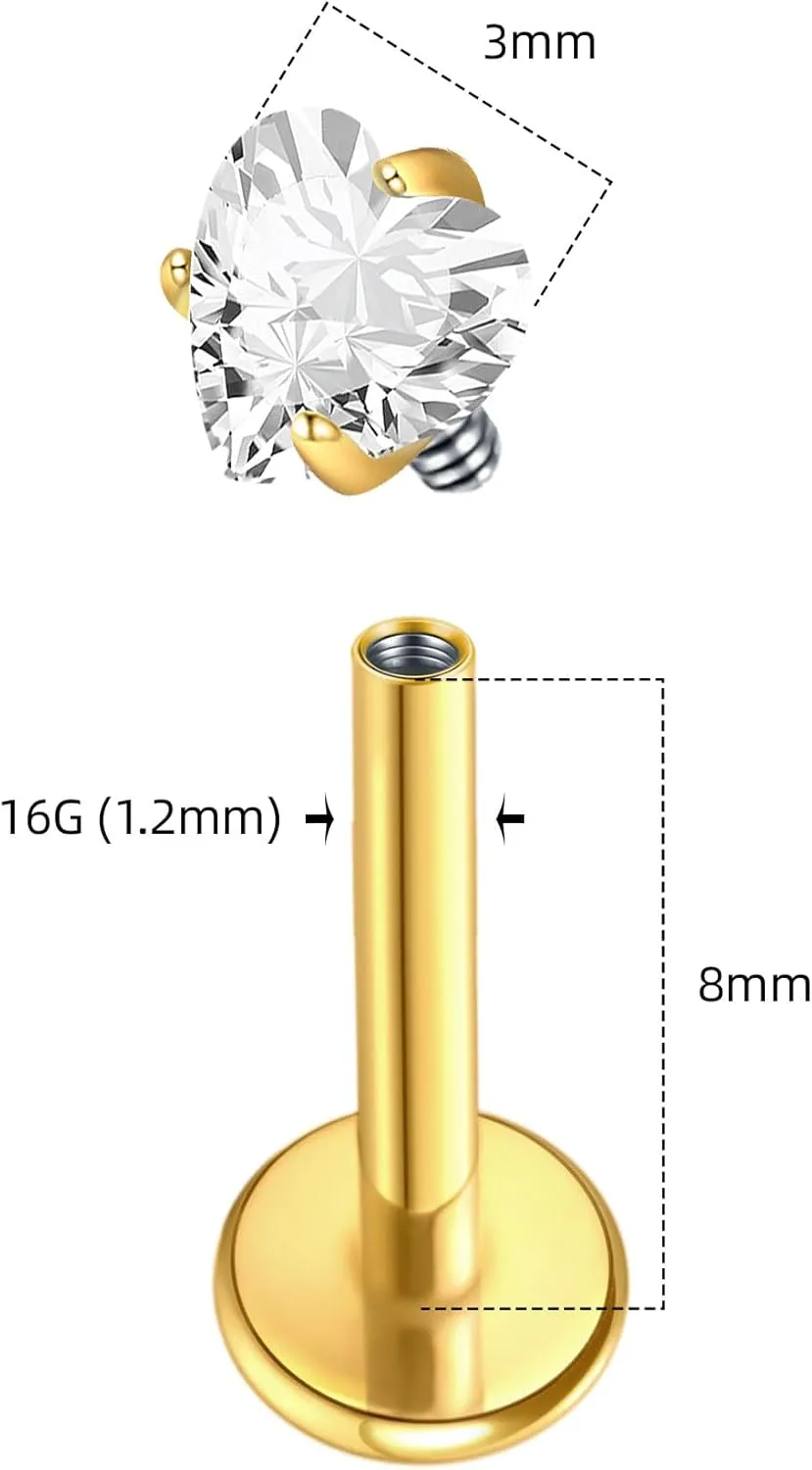2Pcs 18G 16G G23 Titanium Internally Threaded Nose Stud Earrings Flat Back Heart CZ Nose Helix Cartilage Tragus Conch Labret Medusa Monroe Piercing Jewelry for Women Men