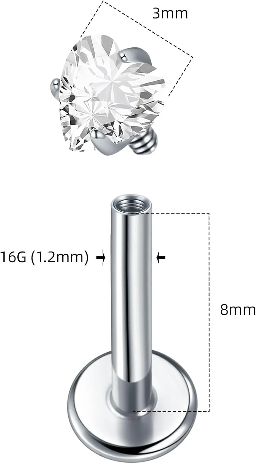 2Pcs 18G 16G G23 Titanium Internally Threaded Nose Stud Earrings Flat Back Heart CZ Nose Helix Cartilage Tragus Conch Labret Medusa Monroe Piercing Jewelry for Women Men