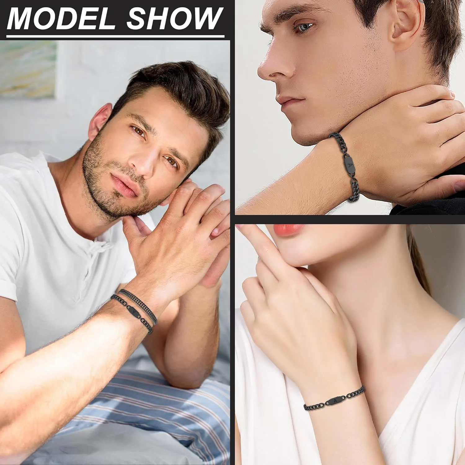 2PCS Initial Letter Cuban Bracelet, A-Z Letter Pendant Stainless Steel Black Cuban Link Chain for Men Women Jewelry Set for Him Her