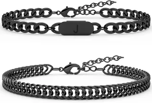 2PCS Initial Letter Cuban Bracelet, A-Z Letter Pendant Stainless Steel Black Cuban Link Chain for Men Women Jewelry Set for Him Her