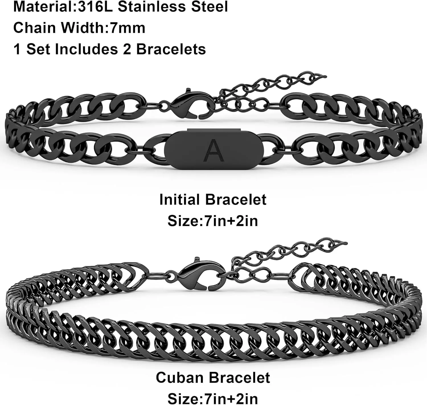2PCS Initial Letter Cuban Bracelet, A-Z Letter Pendant Stainless Steel Black Cuban Link Chain for Men Women Jewelry Set for Him Her