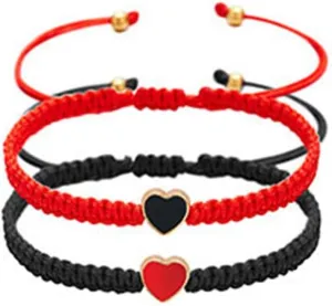 2Pcs Love Heart Bracelet, Heart Shaped Woven Bracelet with Love Heart Valentine's Day Gift Sisters Friendship Adjustable Bracelet for His and Her Couples Friendships Jewelry (Black Red)