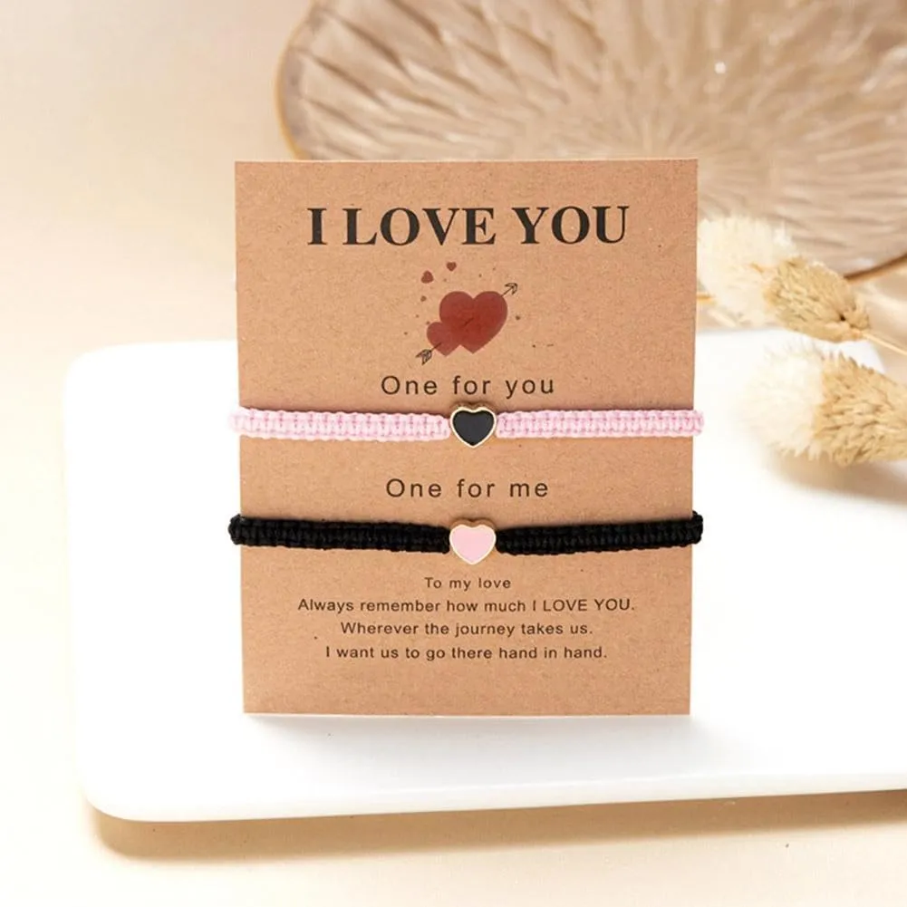 2Pcs Love Heart Bracelet, Heart Shaped Woven Bracelet with Love Heart Valentine's Day Gift Sisters Friendship Adjustable Bracelet for His and Her Couples Friendships Jewelry (Black Red)