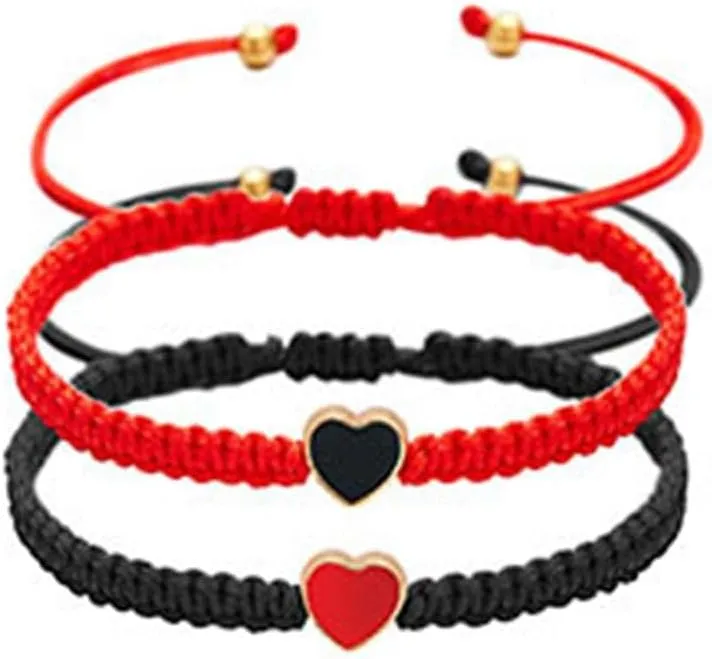 2Pcs Love Heart Bracelet, Heart Shaped Woven Bracelet with Love Heart Valentine's Day Gift Sisters Friendship Adjustable Bracelet for His and Her Couples Friendships Jewelry (Black Red)