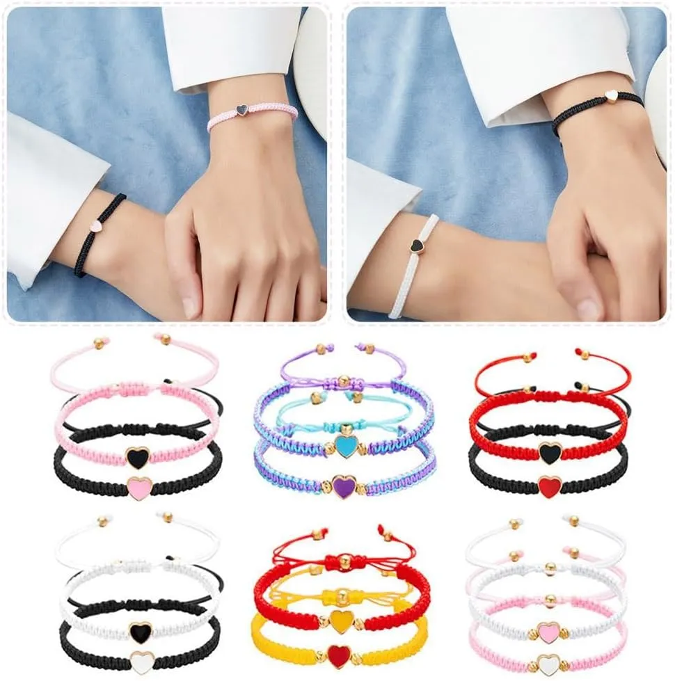 2Pcs Love Heart Bracelet, Heart Shaped Woven Bracelet with Love Heart Valentine's Day Gift Sisters Friendship Adjustable Bracelet for His and Her Couples Friendships Jewelry (Black Red)