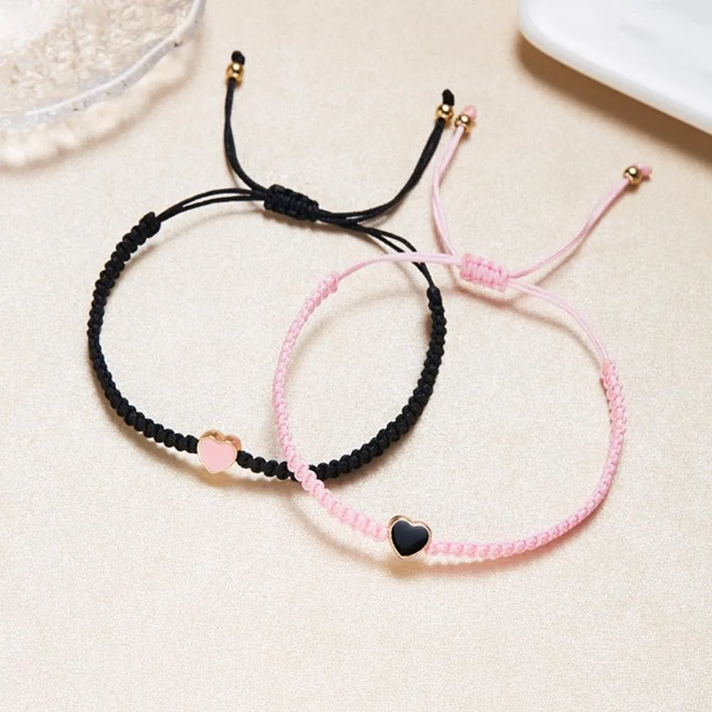 2Pcs Love Heart Bracelet, Heart Shaped Woven Bracelet with Love Heart Valentine's Day Gift Sisters Friendship Adjustable Bracelet for His and Her Couples Friendships Jewelry (Black Red)
