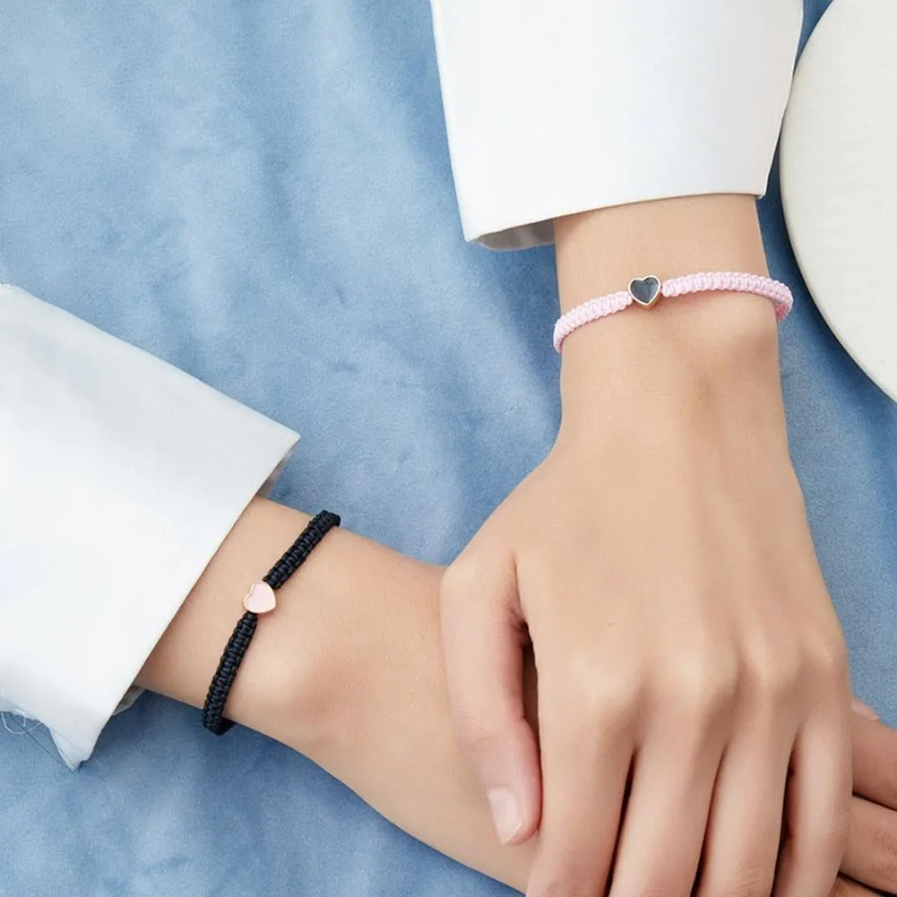 2Pcs Love Heart Bracelet, Heart Shaped Woven Bracelet with Love Heart Valentine's Day Gift Sisters Friendship Adjustable Bracelet for His and Her Couples Friendships Jewelry (Black Red)