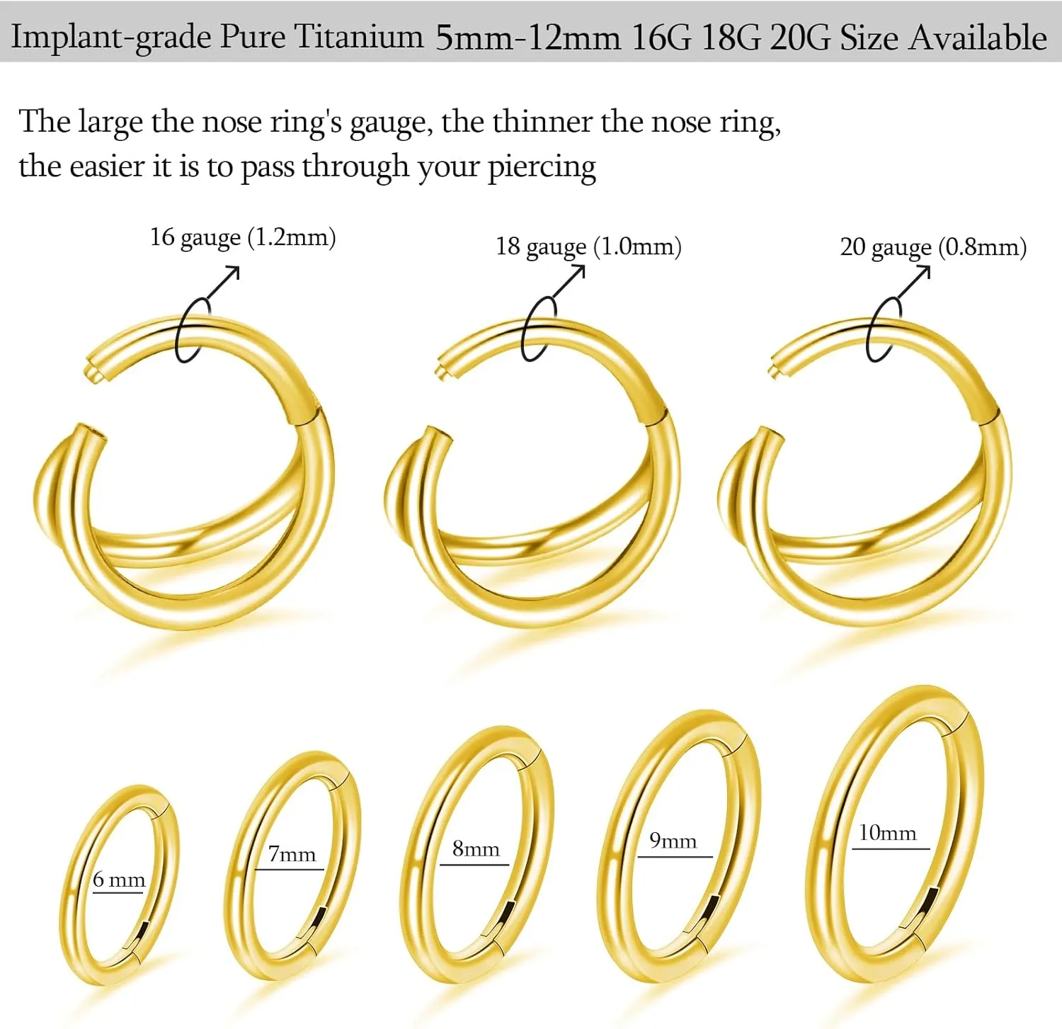 2Pcs Titanium Nose Rings Hoop 20G 18G 16G Double Hoop Nose Ring Diameter 6mm to 10mm Cartilage Helix Daith Rook Earring Hinged Septum Segment Ring Clicker Piercing Silver-Gold-Rose Gold-Black