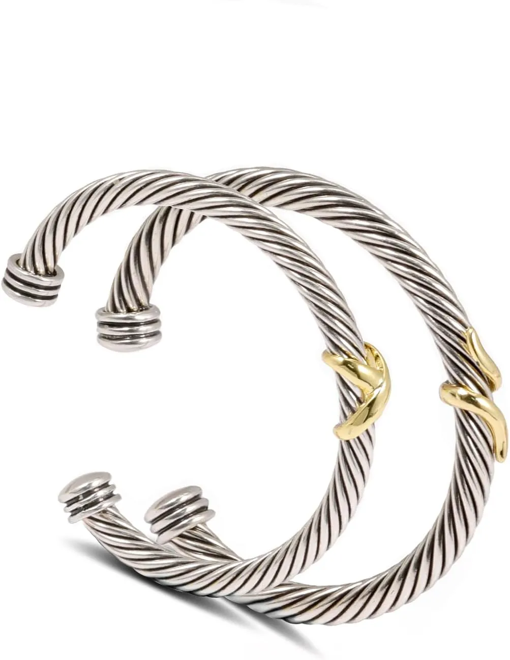 2PCS Twisted Cable Bracelet and Chain for Women Fashion Wire Cuff Bracelet Link Chain Adjustable Bangle Set Designer Dupes Jewelry Gifts for Her (2pcs A)