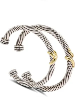 2PCS Twisted Cable Bracelet and Chain for Women Fashion Wire Cuff Bracelet Link Chain Adjustable Bangle Set Designer Dupes Jewelry Gifts for Her (2pcs A)
