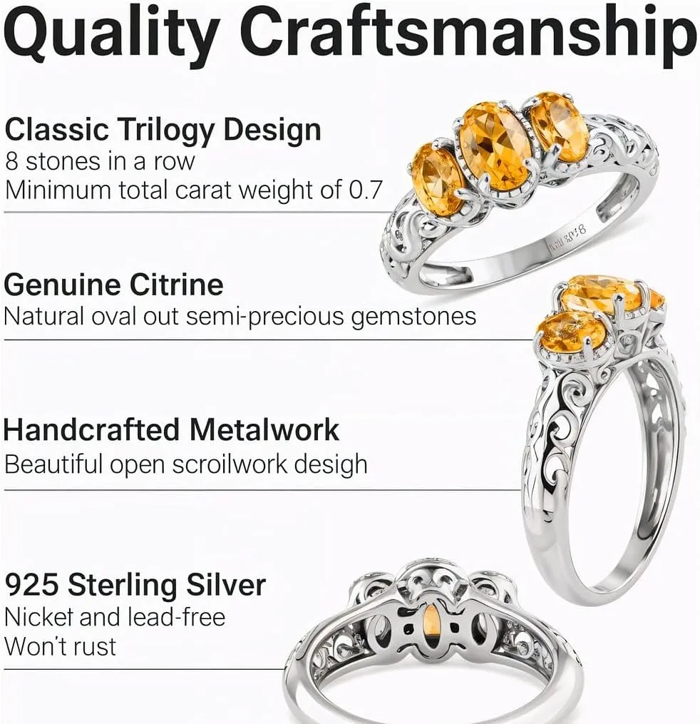 3 Birthstone Rings for Women in 925 Sterling Silver with Platinum Plated Daughters Mothers Ring - Gemstone Jewelry Birthday for Her Birthday Gifts