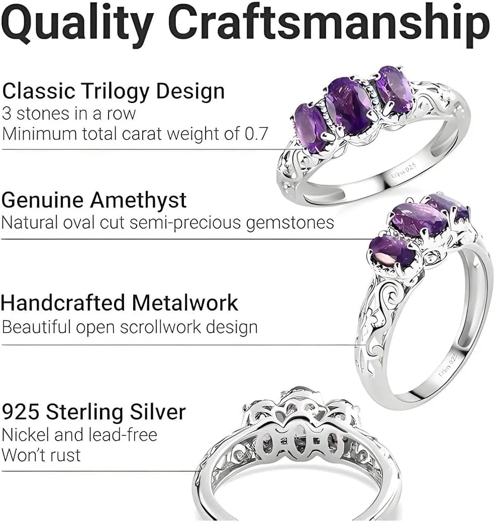 3 Birthstone Rings for Women in 925 Sterling Silver with Platinum Plated Daughters Mothers Ring - Gemstone Jewelry Birthday for Her Birthday Gifts