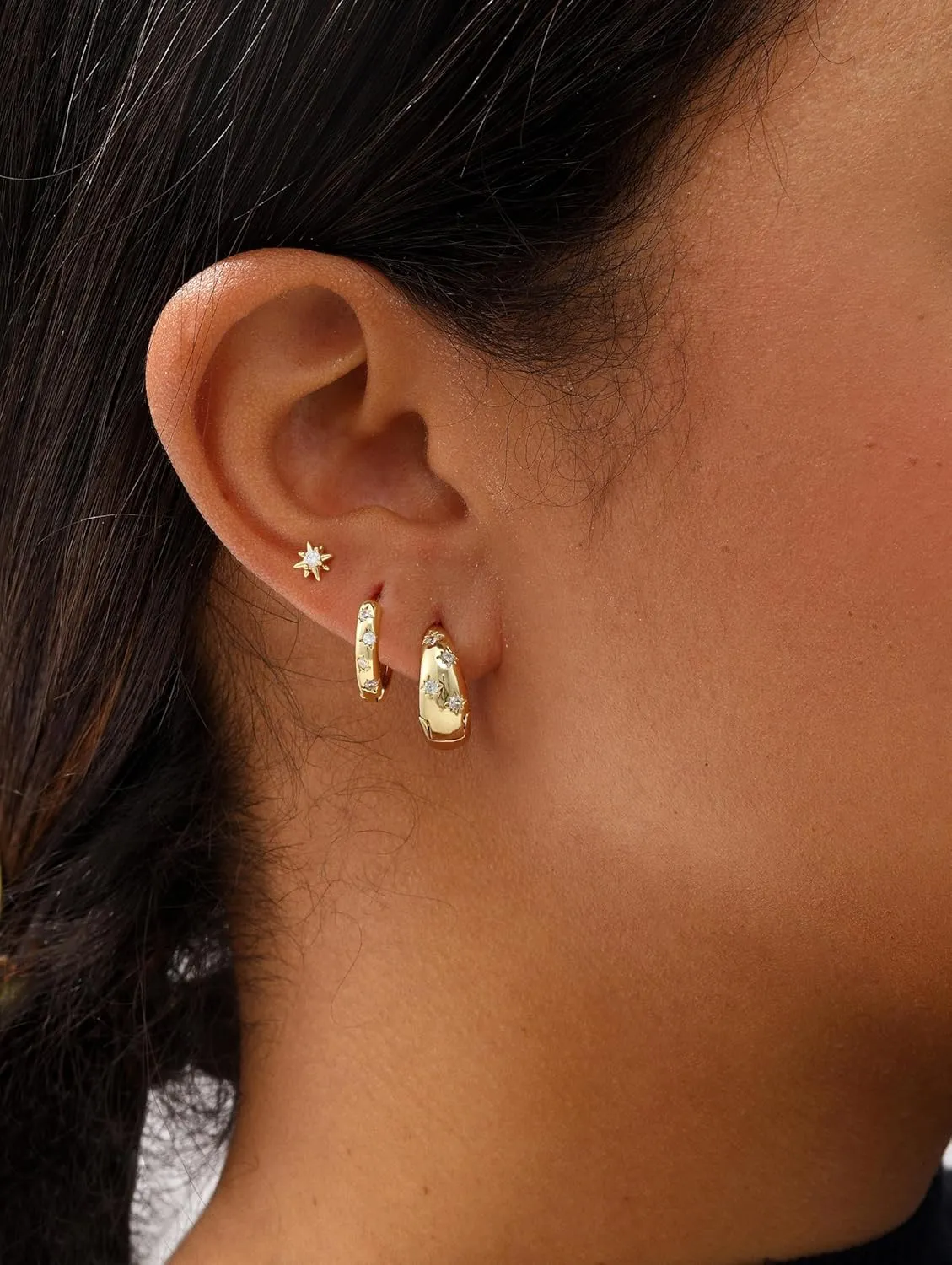 3 Pairs 14K Gold/Sterling Silver Plated Earrings Stack Set for Women - Dainty Huggie Hoop Stud Earring Set, Hypoallergenic Surgical Steel Cartilage earring set for Multiple Piercing, Gold Jewelry Gift for Women