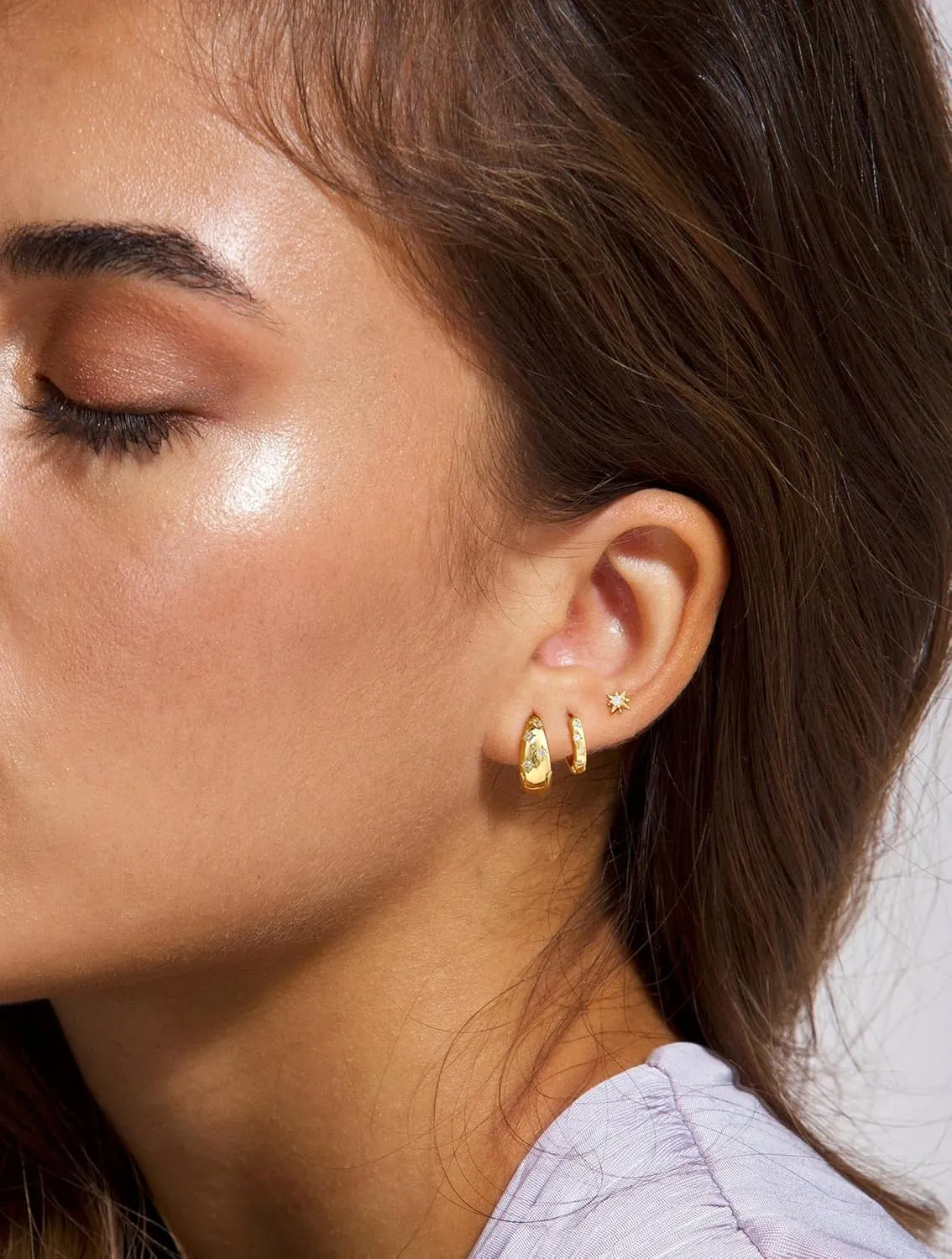 3 Pairs 14K Gold/Sterling Silver Plated Earrings Stack Set for Women - Dainty Huggie Hoop Stud Earring Set, Hypoallergenic Surgical Steel Cartilage earring set for Multiple Piercing, Gold Jewelry Gift for Women