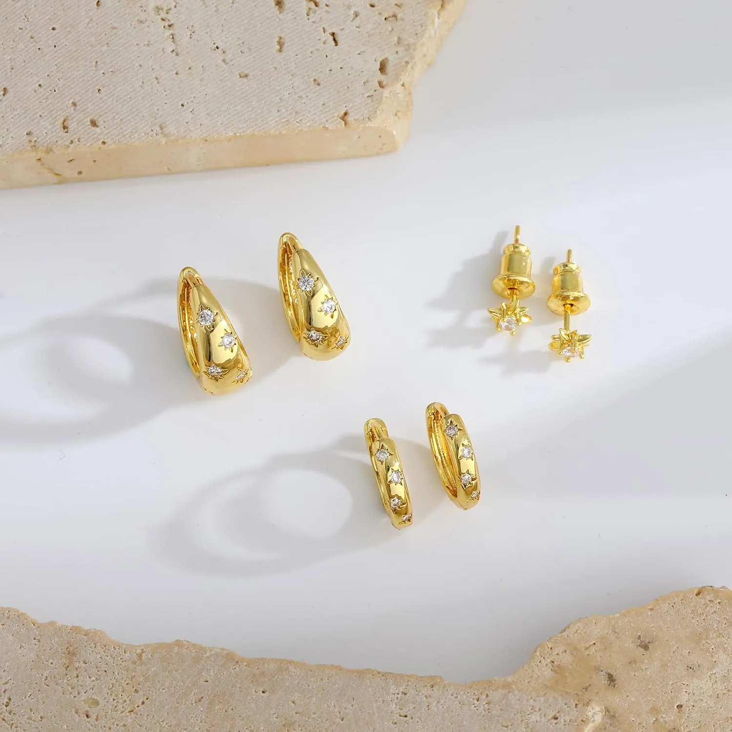 3 Pairs 14K Gold/Sterling Silver Plated Earrings Stack Set for Women - Dainty Huggie Hoop Stud Earring Set, Hypoallergenic Surgical Steel Cartilage earring set for Multiple Piercing, Gold Jewelry Gift for Women