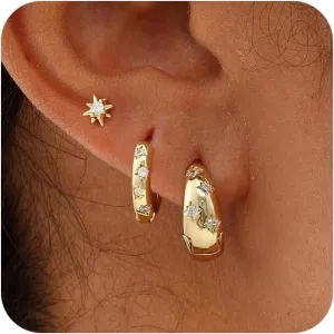 3 Pairs 14K Gold/Sterling Silver Plated Earrings Stack Set for Women - Dainty Huggie Hoop Stud Earring Set, Hypoallergenic Surgical Steel Cartilage earring set for Multiple Piercing, Gold Jewelry Gift for Women
