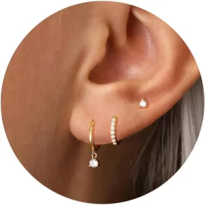 3 Pairs Gold/Silver Hoop Earrings Set Dainty Stud Earrings 14K Gold Plated Dangle Cartilage Huggie Hoop Stackable Earrings Diamond Earrings for Women Gold Jewelry for Women Gift Jewelry