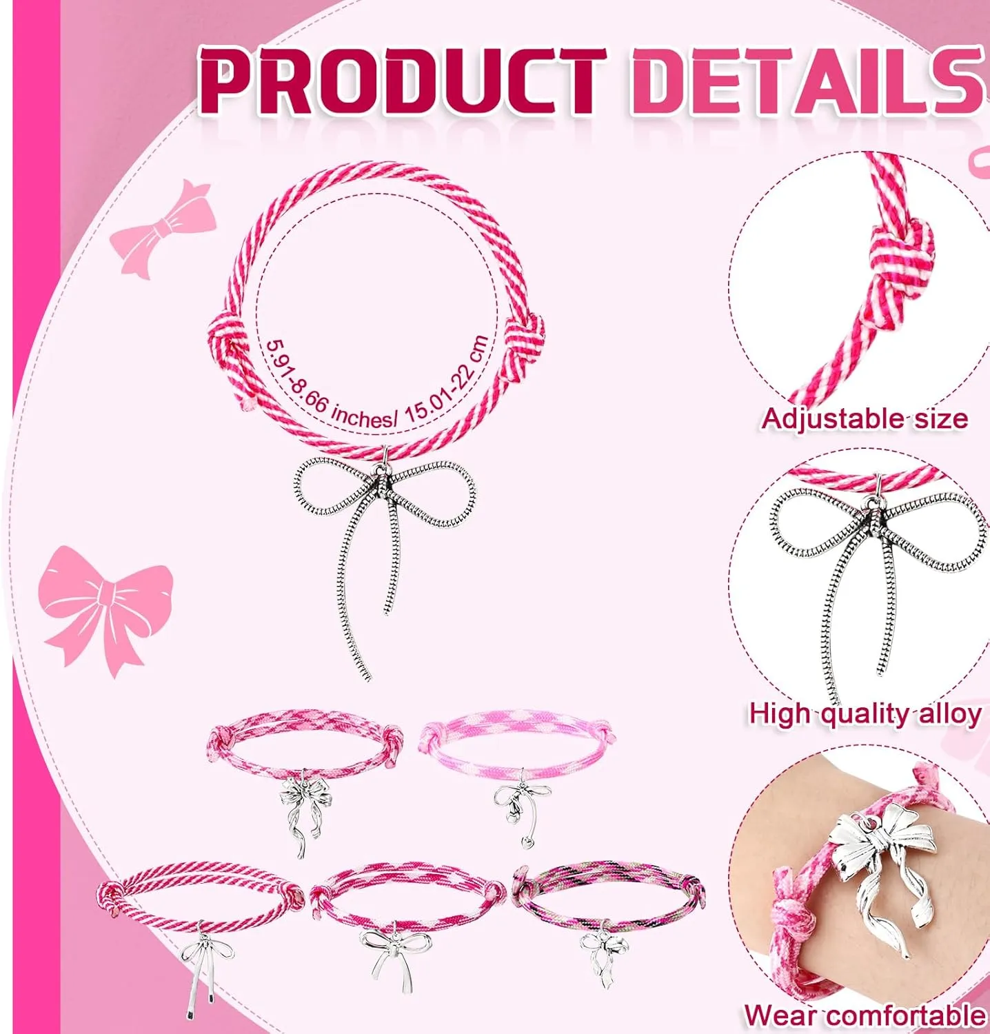 30 50 Pcs Bow Bracelets for Women Pink Adjustable Braided Rope Cord Friendship Bracelets with Bows Birthday Bulk Gifts
