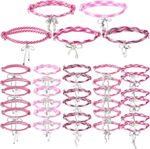 30 50 Pcs Bow Bracelets for Women Pink Adjustable Braided Rope Cord Friendship Bracelets with Bows Birthday Bulk Gifts