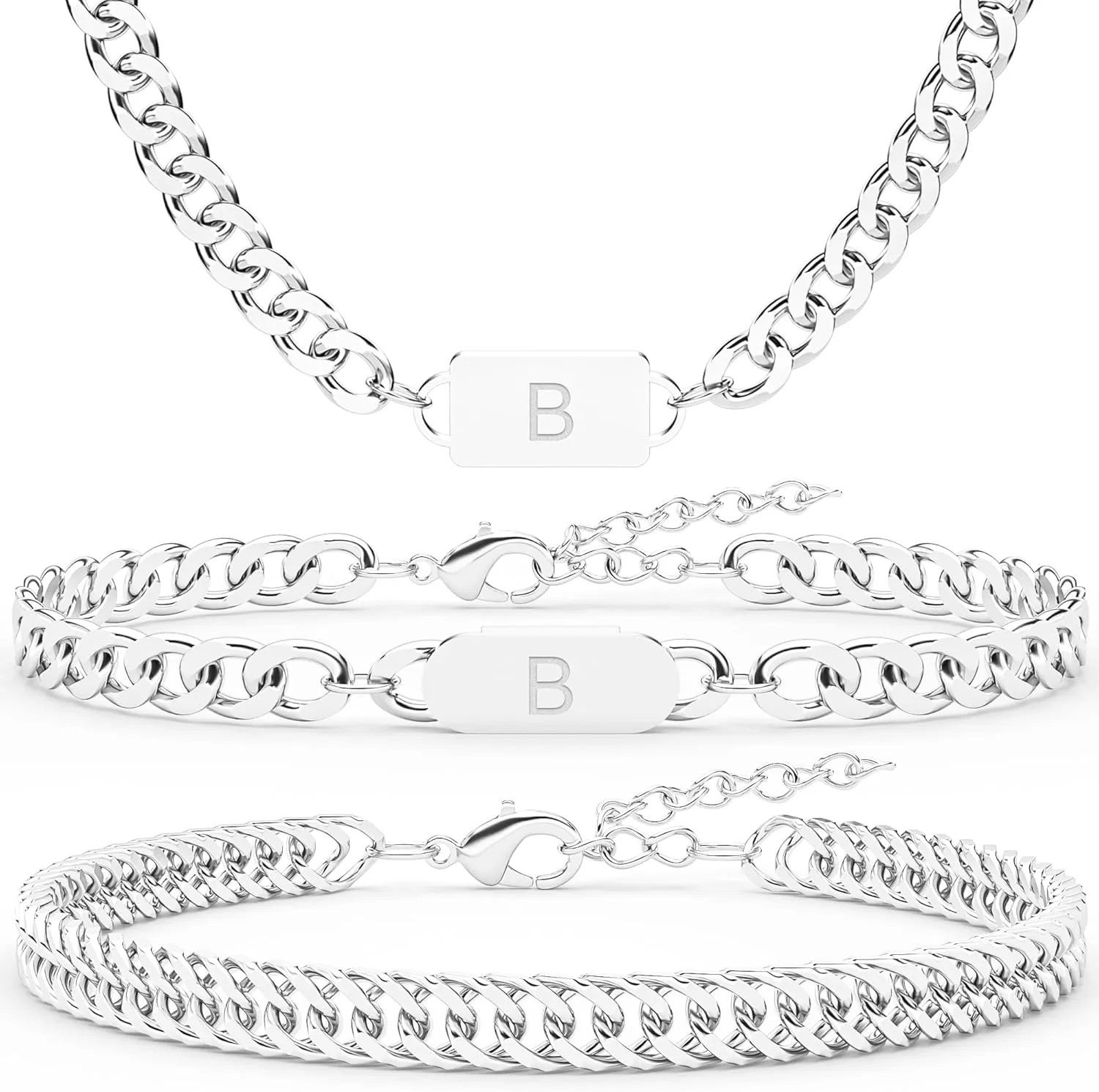 3PCS Initial Letter Cuban Necklace Bracelet, A-Z Letter Pendant Stainless Steel Silver Gold Black Cuban Link Chain for Men Women Jewelry Set for Him Her