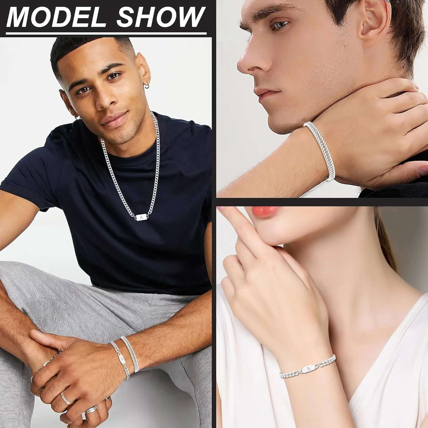 3PCS Initial Letter Cuban Necklace Bracelet, A-Z Letter Pendant Stainless Steel Silver Gold Black Cuban Link Chain for Men Women Jewelry Set for Him Her