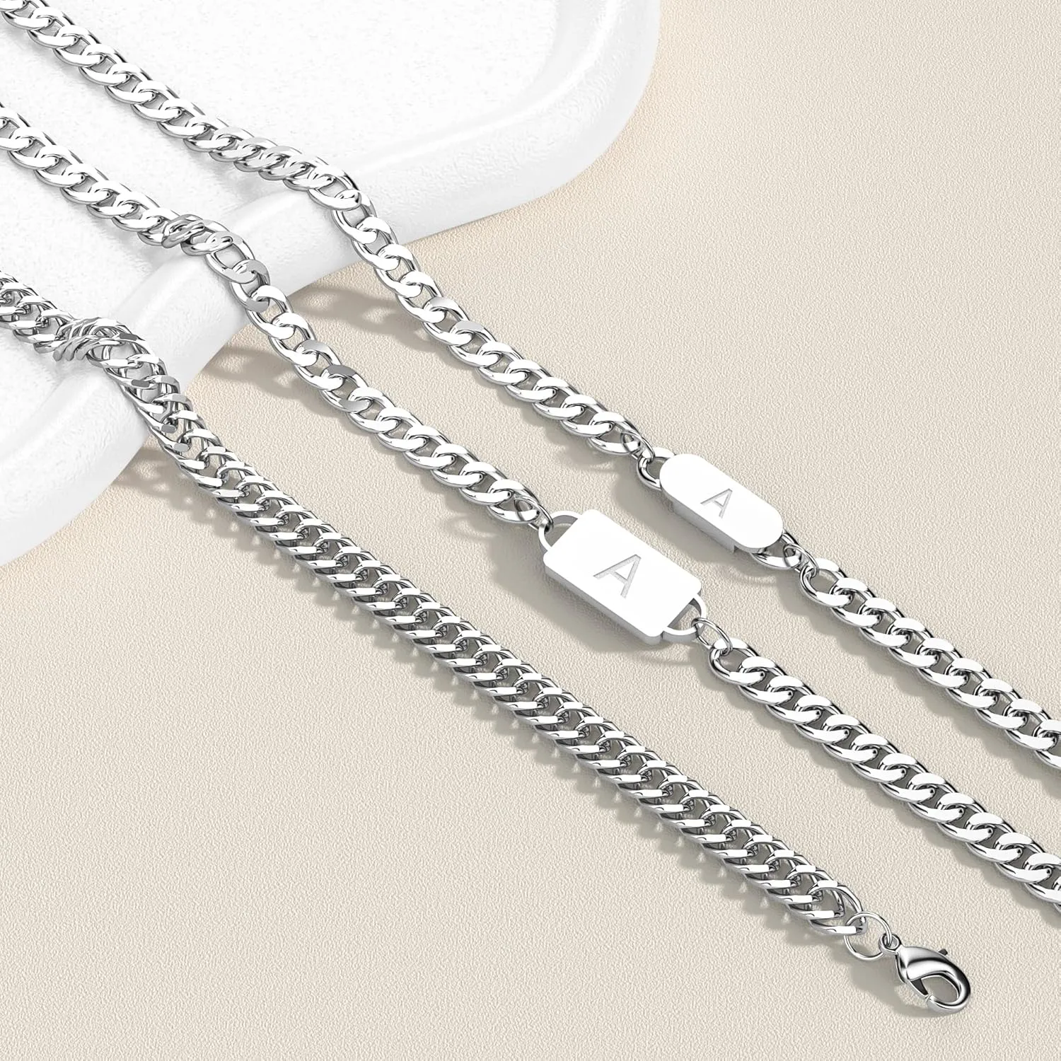 3PCS Initial Letter Cuban Necklace Bracelet, A-Z Letter Pendant Stainless Steel Silver Gold Black Cuban Link Chain for Men Women Jewelry Set for Him Her