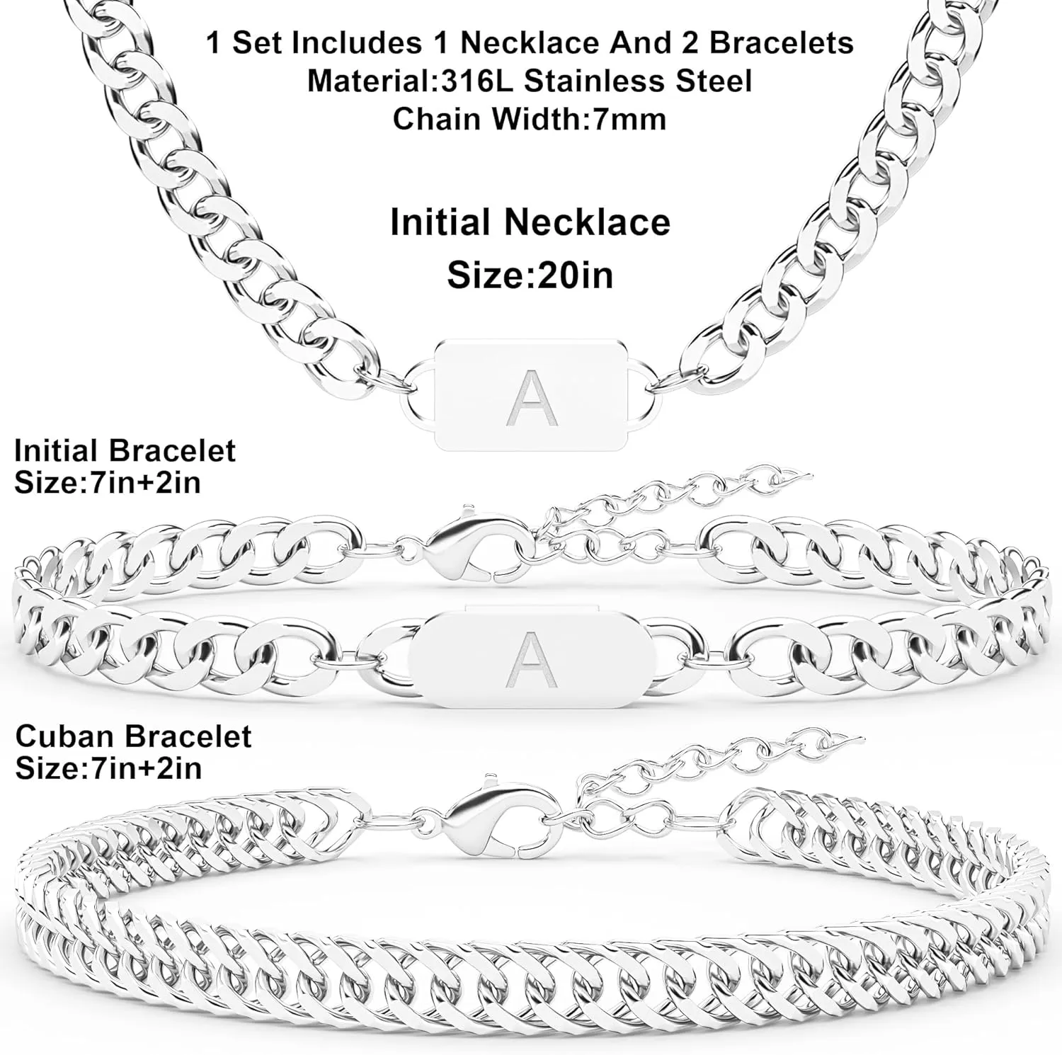3PCS Initial Letter Cuban Necklace Bracelet, A-Z Letter Pendant Stainless Steel Silver Gold Black Cuban Link Chain for Men Women Jewelry Set for Him Her