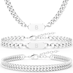 3PCS Initial Letter Cuban Necklace Bracelet, A-Z Letter Pendant Stainless Steel Silver Gold Black Cuban Link Chain for Men Women Jewelry Set for Him Her