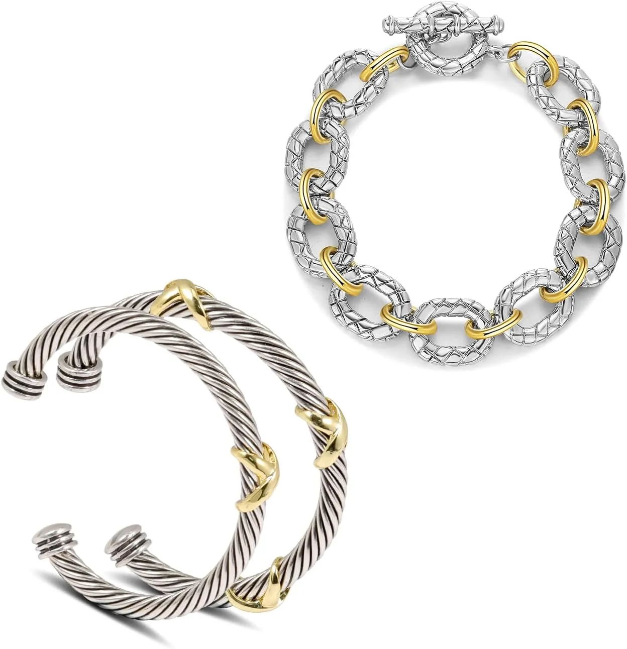 3Pcs Twisted Cable Cuff Bracelets and Chain Set, Trendy Gold and Silver Bangle Two Tone Bracelet Designer Dupes Adjustable Mixed Metal Jewelry for Women